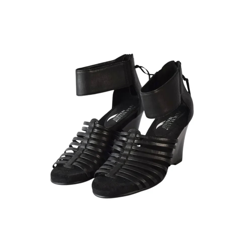Aerosoles Black Leather Caged Wedge Sandals Strappy Zip Back - Size 6